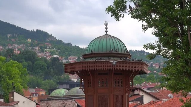 Pigeons sit on the dome of the historic fountain Sebilj Brunnen, Bosnia and Herzegovina, Sarajevo