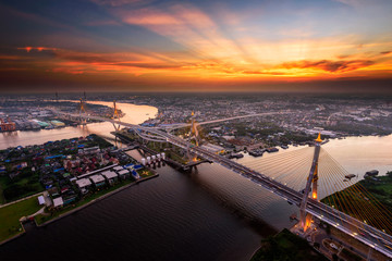 Bangkok City - Beautiful sunset view of Bhumibol Bridge,Thailand