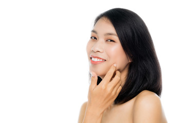 Fototapeta premium Beautiful woman face close up portrait studio on white background