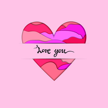 Paper Cut Heart with Love You hand drawn lettering on pink background.  Template for St. Valentine's Day, invitation, party, Mother day, greeting  card. Vector illustration. Stock Vector | Adobe Stock