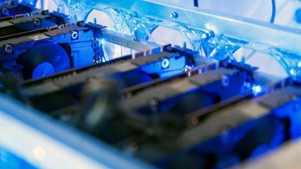 Close-up equipment for mining crypto-bitcoin, ether. Video cards, motherboards, blue lights