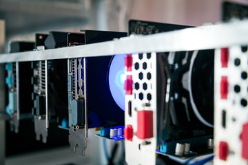 farm for mining crypto currency on video cards close-up. Device for mining crypto currency.Mining cryptocurrency. Machines for mining cryptocurrency, bitcoin.