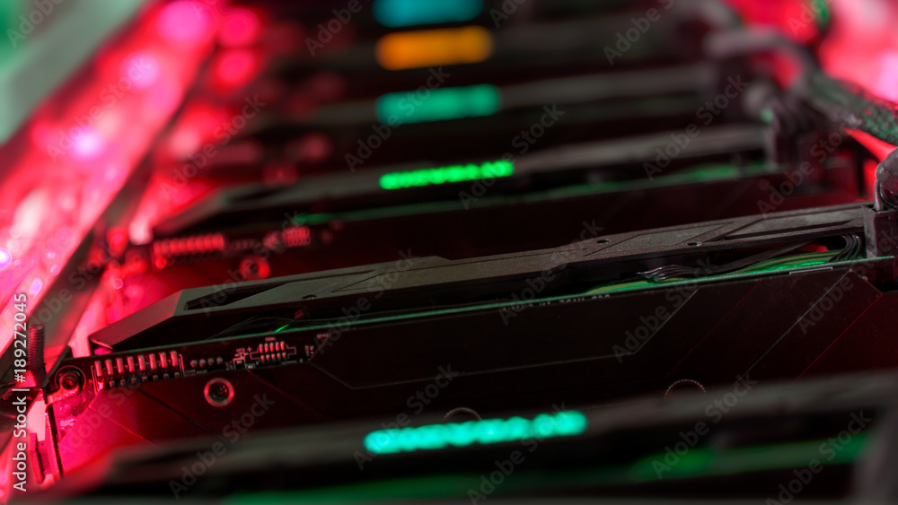 Poster close-up graphic card of computer working for bitcoin mining