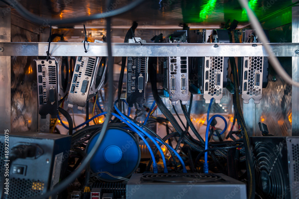 Poster close-up graphic card of computer working for bitcoin mining