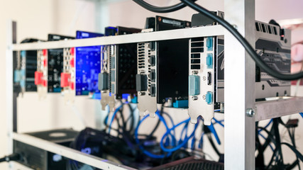 Сomputer quipment  graphic cards for crpytocurrency mining, close up