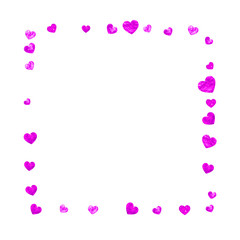 Valentines day border with pink glitter hearts. February 14th day. Vector confetti for valentines day border template. Grunge hand drawn texture. Love theme for flyer, special business offer, promo.