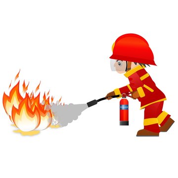 Extinguish fire. Fireman hold in hand fire extinguisher. Isolated on background. Protection from flame.  Powder from nozzle.A man demonstrating how to use a fire extinguisher.