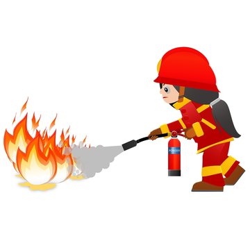 Extinguish fire. Fireman hold in hand fire extinguisher. Isolated on background. Protection from flame.  Powder from nozzle.A woman demonstrating how to use a fire extinguisher.