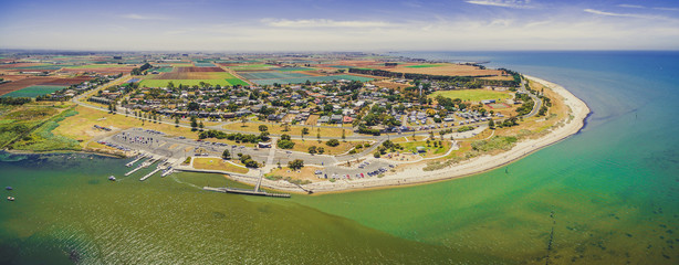 Aerial panoramic landscape of Werribee South colastline on bright summer day