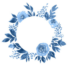 Watercolor roses frame. Indigo blue floral composition - 189275033