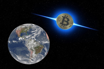 coin bitcoin flies to earth from outer space. New technologies, values. The invasion of bitcoins. Elements of this image furnished by NASA