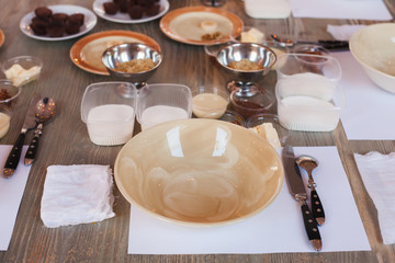 Inventory for a culinary master class, ingredients and utensils for making home-made sweets. Working place