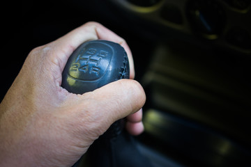 Fototapeta premium Close up view of a gear lever shift. Car interior.