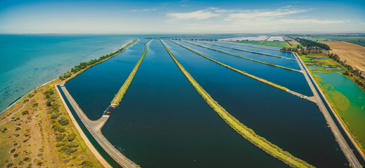 Water treatment plant near Port Phillip Bay, Melbourne Australia - aerial view.