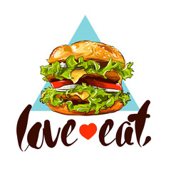 Burger hand drawn colour illustration with slogan