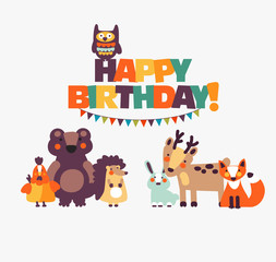 Obraz na płótnie Canvas Happy birthday - lovely vector card with funny cute animals and garlands