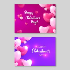 Two gift certificates, happy valentines day, heart bubbles around. Vector illustration, romantic cards, shining elements on pink and purple background with inscription