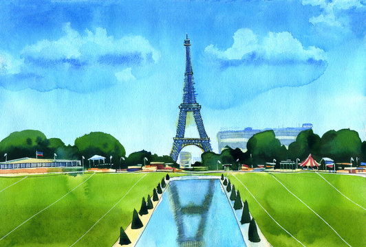 Watercolor painting with Paris Eiffel Tower and it's reflections in water. Eiffel Tower view from Trocadero Fountains on sunny day.