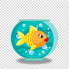 Cute cartoon goldfish in fishbowl isolated on transparent