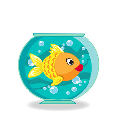 Cute cartoon goldfish in fishbowl isolated on white