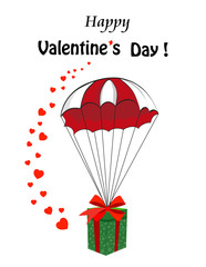 Valentine's cartoon greeting card with gift falling down with parachute