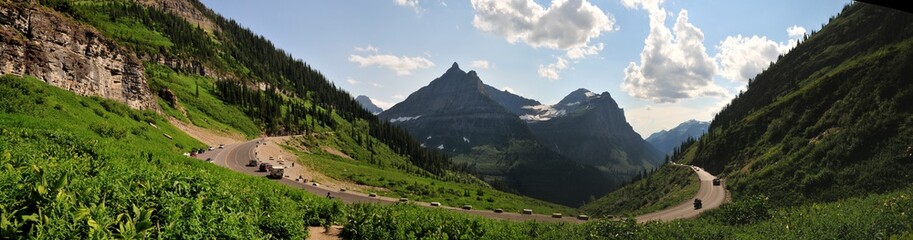 Going to sun road, west glacier, Montana, Panoramic view of circular road and mountain range. One of the most picturesque road to drive in summer. 