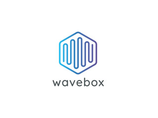 abstract hexagonal box cube with audio wave for business, apps, technology, or data logo icon. symbol template Vector illustration.