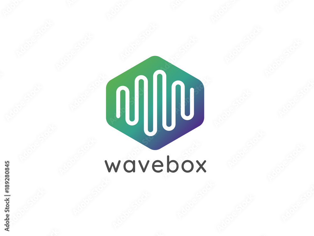 Poster abstract hexagonal box cube with audio wave for business, apps, technology, or data logo icon. symbo