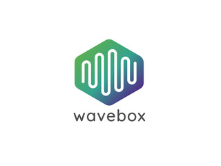 abstract hexagonal box cube with audio wave for business, apps, technology, or data logo icon. symbol template Vector illustration.