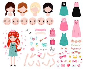 Constructor for valentines day. Adorable young girl with romantic accessories. Template for poster, card, your site, etc.