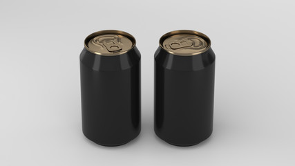 Two small black and gold aluminum soda cans mockup on white background