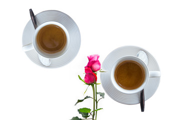 Obraz na płótnie Canvas Coffee brake set,cups of coffee espresso with rose flower on white background