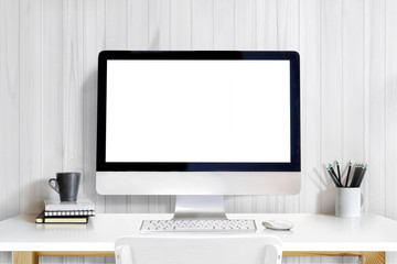 Modern creative designer workplace with desktop computer on white table. Mockup