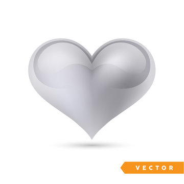 Realistic silver heart. Isolated on white. Valentines day greeting card background. 3D icon. Romantic   vector illustration. Easy to edit design template for your artworks.