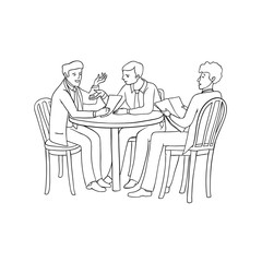 Vector sketch black contour isolated illustration of business people. Men at a meeting or negotiations, sitting at a round table and discussing something. Young entrepreneurs, take a joint decision.