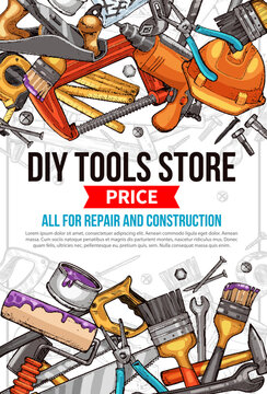 Vector sketch poster of home repair work tools
