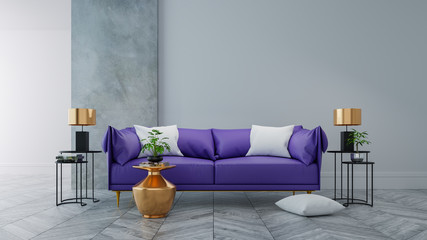 Loft modern interior of living room ,Ultraviolet home decor concept ,purple sofa and black table with gold lamp on concrete and white wall and woodflooring ,3d render