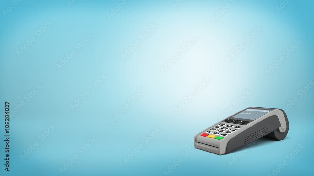 Poster 3d rendering of a single credit card terminal stands in a side view on a blue background.