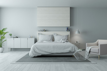 Modern and minimalist bedroom design,Cozy white and gray room concept ,3d rendering
