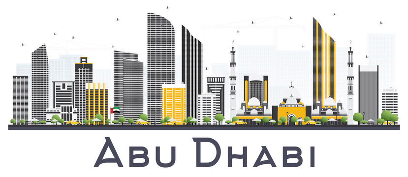 Abu Dhabi UAE City Skyline with Gray Buildings Isolated on White Background.