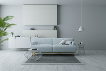 Modern and minimalist interior of living room, Blue armchairs on white flooring and white wall  ,3d rendering