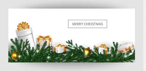 Horizontal design background with white gift boxes and a gold bow with tree branches and balls. Template Invitation For Happy  New Year, Merry Christmas. For a banner, postcards. flyer. Vector