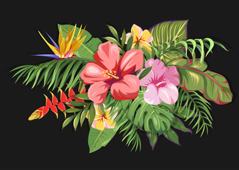Floral composition with leaves of palm trees and tropical flowers. Tropical bouquet 