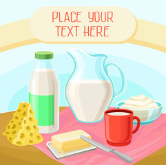 Dairy products, rural landscape with cow vector illustration, design element for poster or banner with ribbon and space for your text