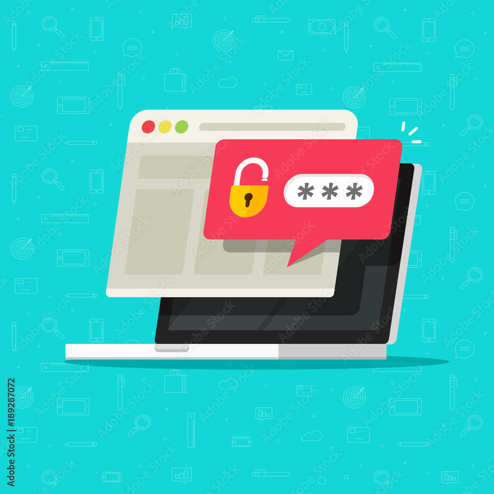 Poster laptop computer with unlocked password bubble notification, flat cartoon design of pc screen with op