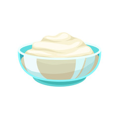 Sour cream in a glass bowl, dairy product cartoon vector Illustration