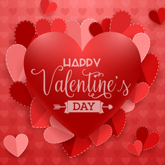 Valentines day greeting card with hearts on red background