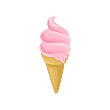 Pink ice cream in waffle cone, dairy product cartoon vector Illustration