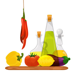 Glass bottles of oils and vegetables, healthy vegetarian food vector Illstration
