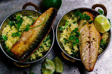Grilled mackerel with harissa , coriander couscous.style rustic